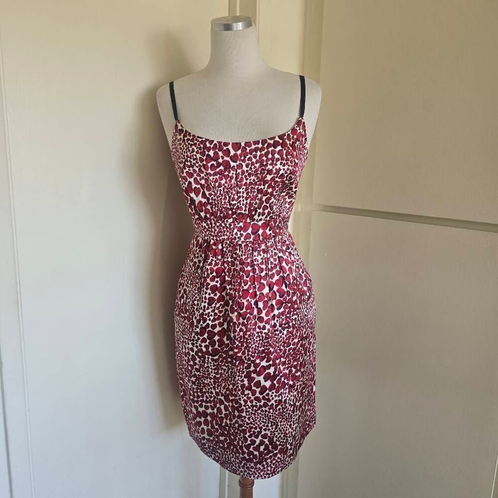 Cynthia Rowley Vtg Red/Blk Heart Print Fitted Slip Dress, Ribbon Straps,EUC, 10